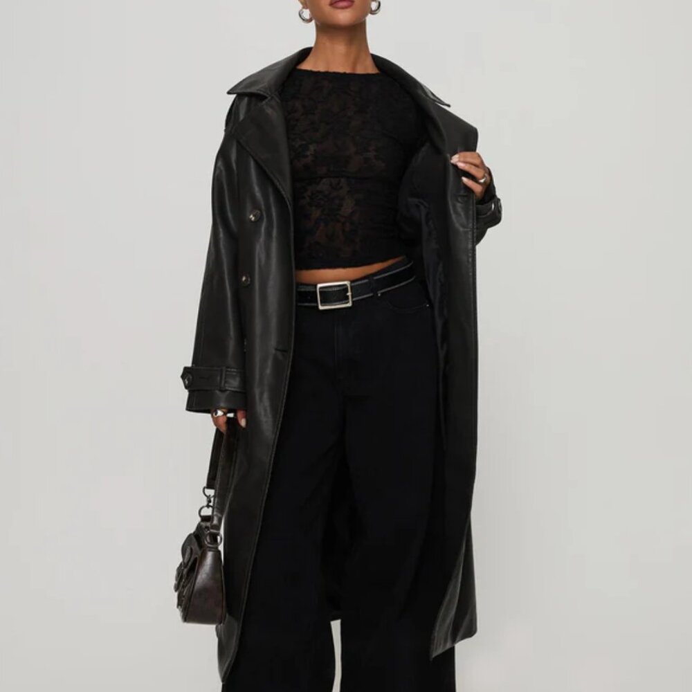 Princess Polly Black Faux Leather Trench Coat